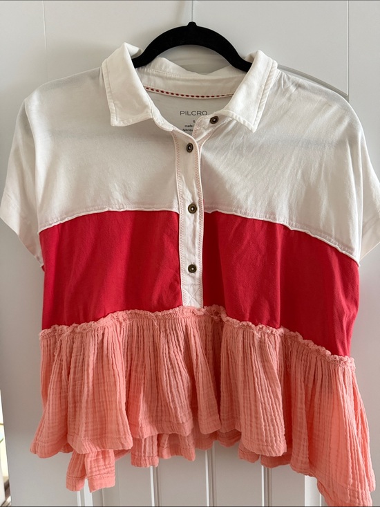 Pilcro Tops - Pilcro Colorblock Ruffle Polo in White, Red, Coral Pink